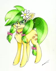 Size: 2371x3009 | Tagged: safe, artist:luxiwind, derpibooru import, apple fritter, earth pony, pony, apple family member, bow, flower, flower in hair, hair bow, solo, tail bow, tongue out, traditional art