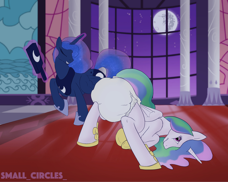 Size: 1280x1021 | Tagged: suggestive, artist:small_circles_, derpibooru import, princess celestia, princess luna, alicorn, canterlot castle, diaper, diaper fetish, duo, duo female, eyes closed, face down ass up, female, fetish, gritted teeth, hoof shoes, image, imminent spanking, indoors, jpeg, levitation, magic, mare in the moon, moon, night, non-baby in diaper, paddle, poofy diaper, royal sisters, smiling, telekinesis