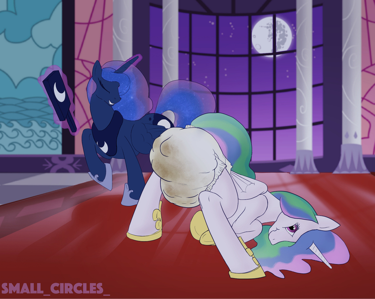 Size: 1280x1021 | Tagged: alternate version, artist:small_circles_, derpibooru import, diaper, diaper fetish, face down ass up, fetish, imminent spanking, levitation, magic, messy diaper, paddle, poop, poopy diaper, princess celestia, princess luna, questionable, scrunchy face, telekinesis