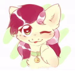 Size: 705x674 | Tagged: safe, artist:redslipp, derpibooru import, roseluck, earth pony, pony, bell, bell collar, bust, chest fluff, collar, cute, digital art, ear fluff, female, fluffy, mare, one eye closed, pony pet, portrait, rosepet, tongue out
