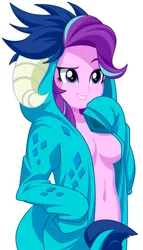 Size: 837x1465 | Tagged: suggestive, artist:rosemile mulberry, derpibooru import, princess ember, starlight glimmer, equestria girls, absolute cleavage, belly button, big breasts, bottomless, breasts, busty starlight glimmer, casual nudity, cleavage, clothes, costume, female, hoodie, implied princess ember, kigurumi, naked hoodie, no bra underneath, no panties, no underwear, nudity, open clothes, partial nudity, simple background, smiling, solo, solo female, white background