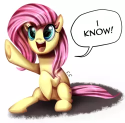 Size: 850x838 | Tagged: safe, artist:candyclumsy, derpibooru import, fluttershy, pony, cute, dialogue, female, looking up, mare, open mouth, raised hoof, she knows, shyabetes, simple background, sitting, smiling, solo, speech bubble, three quarter view, white background, wingless