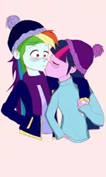 Size: 1152x1920 | Tagged: safe, artist:shdwsp, derpibooru import, rainbow dash, twilight sparkle, equestria girls, blushing, clothes, eyes closed, female, hat, kiss on the cheek, kissing, lesbian, scarf, shipping, simple background, sweater, twidash, white background