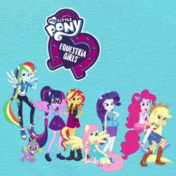 Size: 1030x1030 | Tagged: safe, derpibooru import, applejack, fluttershy, pinkie pie, rainbow dash, rarity, sci-twi, spike, spike the regular dog, sunset shimmer, twilight sparkle, dog, equestria girls, equestria girls series, clothes, converse, equestria girls logo, geode of empathy, geode of fauna, geode of shielding, geode of sugar bombs, geode of super speed, geode of super strength, geode of telekinesis, humane five, humane seven, humane six, magical geodes, ponied up, shoes, sneakers, youtube