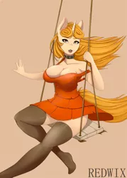 Size: 5000x7000 | Tagged: safe, artist:redwix, derpibooru import, oc, oc:sandra dunes, unofficial characters only, anthro, unicorn, absurd resolution, anthro oc, breasts, choker, clothes, commission, dress, female, looking at you, open mouth, orange background, simple background, sitting, socks, solo, stockings, swing, swinging, thigh highs, ych result