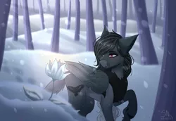 Size: 3580x2460 | Tagged: safe, artist:shadow-nights, derpibooru import, oc, oc:pandie, unofficial characters only, pegasus, pony, commission, fangs, female, flower, forest, mare, red eyes, snow, snowfall, solo, tree, winter, ych result