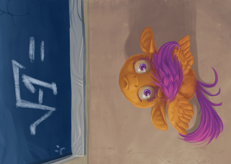 Size: 1277x912 | Tagged: safe, artist:dany-the-hell-fox, derpibooru import, scootaloo, pegasus, pony, chalkboard, female, filly, foal, hooves, imaginary number, looking at you, looking up, looking up at you, math, solo, spread wings, tabun art-battle, wide eyes, wings