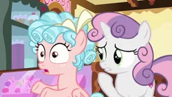 Size: 1280x720 | Tagged: safe, derpibooru import, screencap, cozy glow, sweetie belle, pegasus, pony, unicorn, marks for effort, bow, candy, concerned, curly hair, cutie mark, female, filly, food, freckles, hair bow, lollipop, shocked, sugarcube corner, sugarcube corner (interior), sweets, the cmc's cutie marks, worried