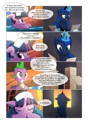 Size: 1024x1449 | Tagged: safe, artist:gashiboka, derpibooru import, princess luna, spike, twilight sparkle, alicorn, dragon, pony, unicorn, comic:scar of solar, bed, comic, diary, female, golden oaks library, magic, mare, pillow, telekinesis, this will end in tears and/or a journey to the moon, this will end in tears and/or a journey to the sun, this will not end well, unicorn twilight