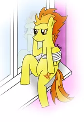 Size: 1634x2362 | Tagged: safe, artist:kacpi, derpibooru import, spitfire, pony, bandage, female, mare, sad, sitting, solo