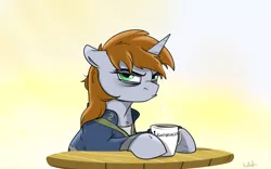 Size: 2400x1500 | Tagged: safe, artist:rutkotka, derpibooru import, oc, oc:littlepip, pony, unicorn, fallout equestria, fanfic, clothes, coffee, coffee mug, commission, fanfic art, female, floppy ears, grumpy, hooves, horn, lightbringer, looking at you, mare, mug, pipbuck, simple background, solo, tired, vault suit, ych result