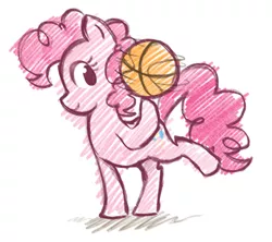 Size: 712x633 | Tagged: safe, artist:angeban, derpibooru import, pinkie pie, pony, basketball, female, mare, profile, simple background, smiling, solo, spinning, sports, white background