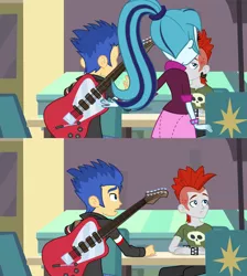 Size: 1277x1427 | Tagged: safe, derpibooru import, screencap, crimson napalm, flash sentry, sonata dusk, equestria girls, rainbow rocks, female, male, ponytail