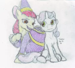 Size: 1451x1310 | Tagged: safe, artist:trefoiler, derpibooru import, apple bloom, sweetie belle, earth pony, pony, unicorn, for whom the sweetie belle toils, 2016, clothes, colored pencil drawing, dress, duo, female, filly, foal, gown, simple background, traditional art, white background