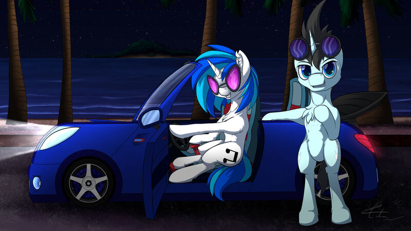 Size: 1280x720 | Tagged: artist:calena, car, derpibooru import, female, male, neon lights, rising star, safe, shipping, straight, vinylights, vinyl scratch