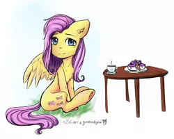 Size: 6000x4800 | Tagged: safe, artist:generallegion, artist:zefirka, derpibooru import, fluttershy, pony, absurd resolution, cake, collaboration, cup, cute, female, food, looking at you, mare, simple background, sitting, smiling, solo, table, tea, teacup