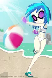 Size: 471x711 | Tagged: safe, artist:charliexe, derpibooru import, vinyl scratch, equestria girls, equestria girls series, beach, belly button, bikini, clothes, feet, female, fingerless gloves, flip-flops, glasses, gloves, legs, sand, sandals, smiling, solo, swimsuit