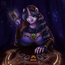 Size: 3000x3000 | Tagged: safe, artist:mdwines, derpibooru import, oc, unofficial characters only, anthro, pony, unicorn, amulet, anthro with ponies, big breasts, blue hair, braid, breasts, card, card game, circle, finger, fringe, gears, gold, horn, jewelry, magic, multicolored hair, outfit, pendant, reference, romani, runes, smiling, solo, tarot, tarot card, teeth, witch, wizard