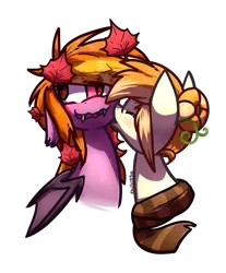 Size: 710x857 | Tagged: safe, artist:crownedspade, derpibooru import, oc, oc:pumpkin patch, oc:pumpkin spice, unofficial characters only, bat pony, pony, clothes, female, leaf, mare, nuzzling, scarf, simple background, transparent background