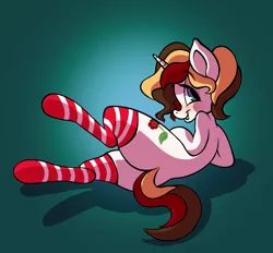 Size: 3300x3061 | Tagged: suggestive, artist:littledogwoman, derpibooru import, oc, oc:scarlet serenade, unofficial characters only, pony, unicorn, clothes, female, grin, lying down, mare, smiling, socks, solo, striped socks, teasing