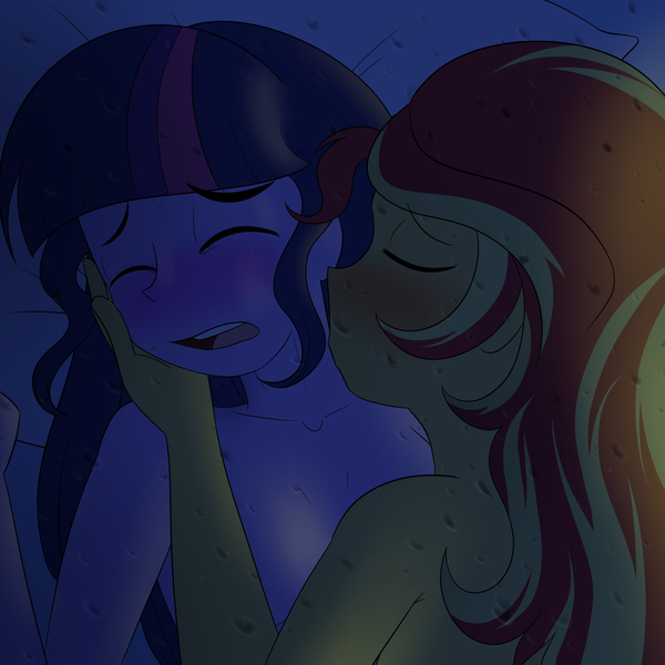 Size: 3000x3000 | Tagged: questionable, artist:jase1505, deleted from derpibooru, derpibooru import, sci-twi, sunset shimmer, twilight sparkle, human, series:sunlight horizons, equestria girls, bed, blushing, breasts, embrace, eyes closed, female, first time, implied sex, kissing, lesbian, moaning, moaning in pleasure, neck kiss, night, nudity, rain, scitwishimmer, sex, shipping, sunsetsparkle, virgin
