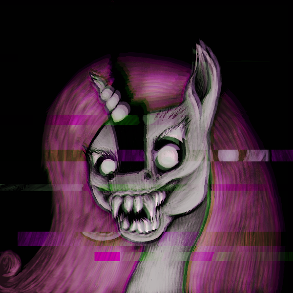 Size: 4000x4000 | Tagged: semi-grimdark, artist:gangrene, derpibooru import, fleur-de-lis, pony, unicorn, absurd resolution, black background, creepy, error, fangs, female, glitch, mare, simple background, solo, teeth, white pupils