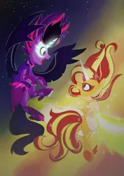 Size: 1280x1810 | Tagged: safe, artist:gintoki23, derpibooru import, sci-twi, sunset shimmer, twilight sparkle, ponified, pony, equestria girls, friendship games, daydream shimmer, duo, equestria girls ponified, female, midnight sparkle, open mouth, profile