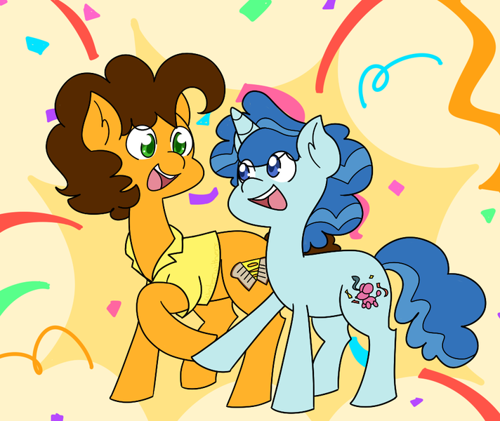 Size: 1000x843 | Tagged: safe, artist:winterwithers, derpibooru import, cheese sandwich, party favor, earth pony, pony, unicorn, colored pupils, confetti, cute, diacheeses, duo, eye clipping through hair, favorbetes, friendshipping, male, open mouth, stallion