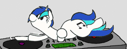Size: 669x262 | Tagged: safe, artist:anontheanon, artist:jargon scott, derpibooru import, edit, vinyl scratch, pony, unicorn, animated, bouncing, cute, edited gif, female, flailing, frame by frame, funny, gif, gray background, headbang, hilarious, hoofy-kicks, majestic as fuck, mare, missing accessory, nonsense, not salmon, party, prone, rave, ridiculous, silly, silly pony, simple background, smiling, solo, the flopple, the worm, turntable, vinylbetes, wat, wide eyes