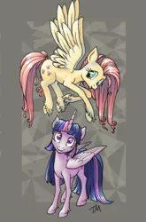 Size: 1500x2270 | Tagged: safe, artist:chokuru, derpibooru import, part of a set, fluttershy, twilight sparkle, twilight sparkle (alicorn), alicorn, pegasus, pony, abstract background, duo, female, head tilt, looking at you, looking up, mare, smiling, spread wings, unshorn fetlocks, wings