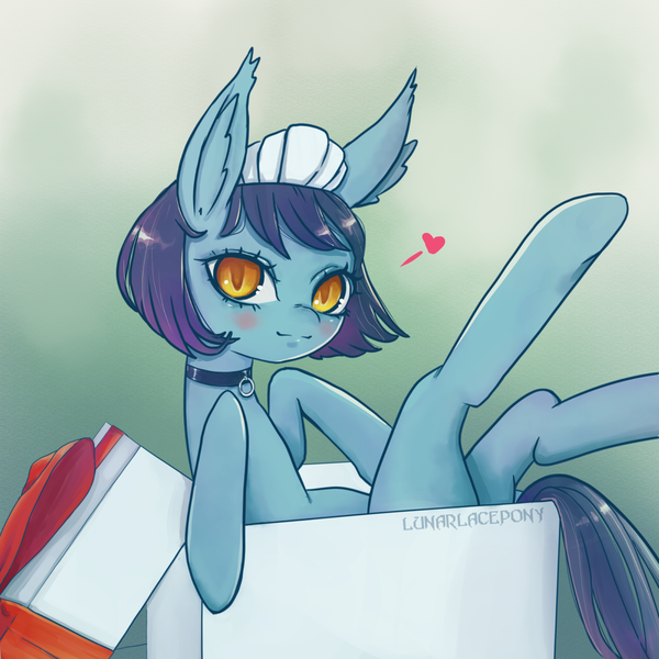 Size: 1200x1200 | Tagged: suggestive, artist:lunarlacepony, deleted from derpibooru, derpibooru import, oc, oc:lunar lace, unofficial characters only, bat pony, pony, bat pony oc, bat wings, box, clothes, collar, female, maid, mare, present, solo, wings