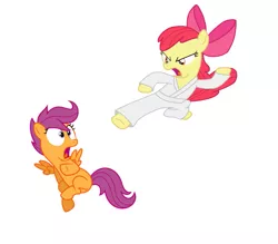 Size: 875x766 | Tagged: abuse, apple bloom, call of the cutie, clothes, derpibooru import, gi, karate, kick, robe, safe, scootabuse, scootaloo, sleepless in ponyville, this will end in pain, trousers, white belt