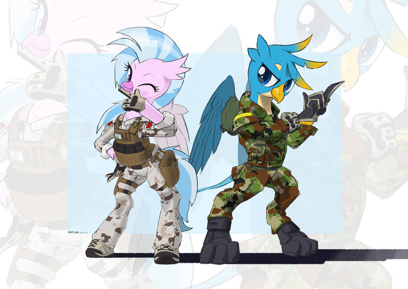 Size: 1280x905 | Tagged: safe, artist:satv12, derpibooru import, gallus, silverstream, gryphon, hippogriff, ammo pouch, bipedal, blushing, camouflage, clothes, cute, diastreamies, duo, female, gallabetes, gloves, male, military uniform, one eye closed, zoom layer