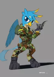 Size: 1280x1810 | Tagged: safe, artist:satv12, derpibooru import, gallus, gryphon, bipedal, camouflage, clothes, colored pupils, cute, gallabetes, gloves, gray background, male, military uniform, simple background, solo