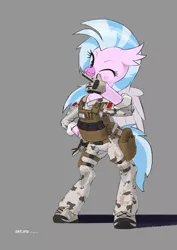 Size: 1280x1810 | Tagged: ammo pouch, artist:satv12, blushing, camouflage, clothes, cute, derpibooru import, diastreamies, gloves, gray background, hippogriff, military uniform, one eye closed, safe, silverstream, simple background, solo