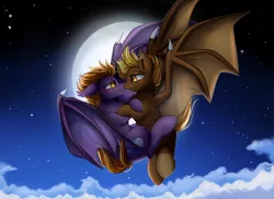 Size: 2494x1816 | Tagged: safe, artist:pridark, derpibooru import, oc, oc:nova nightstar, unnamed oc, unofficial characters only, bat pony, bat pony oc, bat wings, commission, female, full moon, looking at each other, male, moon, night, oc x oc, shipping, stars, straight, wings