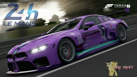 Size: 480x270 | Tagged: 24h le mans, artist:forzaveteranenigma, bmw, bmw m8, bmw m8 gte, car, derpibooru import, driving, fanfic:equestria motorsports, forza motorsport 7, le mans, photo, racing, safe, solo, starlight glimmer