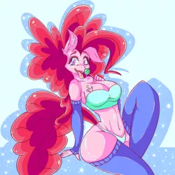 Size: 1080x1080 | Tagged: suggestive, artist:kittiesnkream, derpibooru import, pinkie pie, anthro, belly button, big breasts, big hair, boobie mark, bra, breasts, busty pinkie pie, candy, clothes, cute, cute little fangs, evening gloves, fangs, female, fingerless elbow gloves, fingerless gloves, food, gloves, lollipop, long gloves, midriff, panties, shiny, solo, solo female, starry eyes, suggestive eating, thigh socks, underwear, wingding eyes