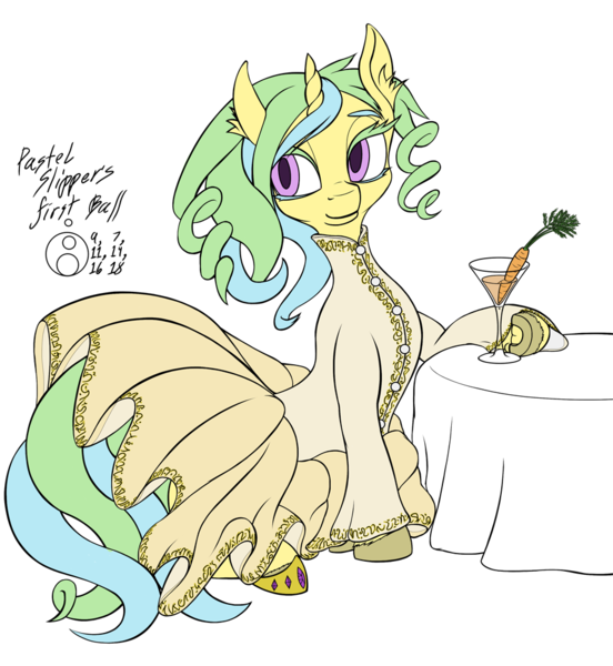 Size: 920x1000 | Tagged: safe, artist:sepiakeys, derpibooru import, oc, oc:pastel slippers, unofficial characters only, pony, unicorn, alcohol, carrot, carrotini, clothes, cocktail, dress, drill hair, drill mane, ear fluff, embroidery, female, food, glass, high collar, looking away, mare, martini, solo, table