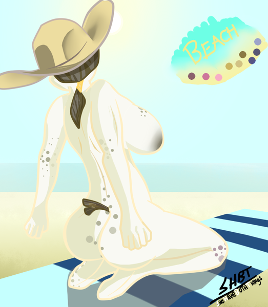 Size: 694x796 | Tagged: anthro, anthro oc, artist:shehaveboththings, bad anatomy, big breasts, breasts, derpibooru import, english, female, hat, huge breasts, nipples, nude beach, nudity, oc, ocean, questionable, solo, sun, text, towel