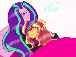 Size: 1024x768 | Tagged: safe, artist:brickercupmasterx3, derpibooru import, aria blaze, sunset shimmer, equestria girls, bed, blushing, cuddling, female, hug, lesbian, shipping, sunblaze