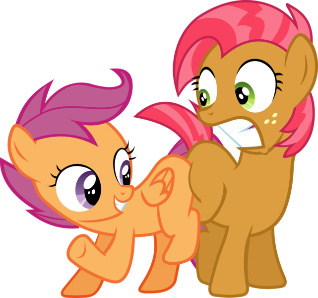 Size: 2681x2509 | Tagged: safe, artist:frownfactory, derpibooru import, babs seed, scootaloo, earth pony, pegasus, pony, one bad apple, .svg available, butt bump, butt to butt, butt touch, duo, female, filly, foal, freckles, personal space invasion, simple background, svg, transparent background, varying degrees of want, vector, wings