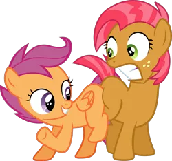 Size: 2681x2509 | Tagged: safe, artist:frownfactory, derpibooru import, babs seed, scootaloo, earth pony, pegasus, pony, one bad apple, .svg available, butt bump, butt to butt, butt touch, duo, female, filly, foal, freckles, personal space invasion, simple background, svg, transparent background, varying degrees of want, vector, wings