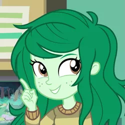 Size: 701x701 | Tagged: safe, derpibooru import, screencap, wallflower blush, equestria girls, equestria girls series, forgotten friendship, cropped, fgsfds, grin, happy, pointing, smiling, solo