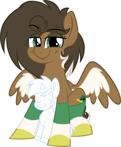 Size: 991x1200 | Tagged: safe, artist:binkyt11, derpibooru import, oc, oc:duck badge, ponified, unofficial characters only, pegasus, pony, unicorn, 2019 community collab, derpibooru, derpibooru community collaboration, background pony, clothes, default avatar, derpibooru ponified, dreamworks face, eyeshadow, female, freckles, implied shipping, looking at you, makeup, mare, medibang paint, meta, no pupils, phone drawing, plushie, simple background, smug, socks, solo, spread wings, striped socks, transparent background, wings