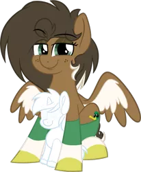 Size: 991x1200 | Tagged: safe, artist:binkyt11, derpibooru import, oc, oc:duck badge, ponified, unofficial characters only, pegasus, pony, unicorn, 2019 community collab, derpibooru, derpibooru community collaboration, background pony, clothes, default avatar, derpibooru ponified, dreamworks face, eyeshadow, female, freckles, implied shipping, looking at you, makeup, mare, medibang paint, meta, no pupils, phone drawing, plushie, simple background, smug, socks, solo, spread wings, striped socks, transparent background, wings