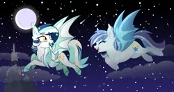 Size: 15360x8160 | Tagged: safe, artist:dreamyeevee, derpibooru import, oc, oc:star struck, oc:wistful galaxy, bat pony, absurd resolution, cloud, duo, flying, moon, night, stars