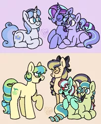 Size: 800x974 | Tagged: safe, artist:sandwichbuns, derpibooru import, oc, oc:anna, oc:bailey, oc:comet lark, oc:cornflower, oc:florina, oc:pastel magic, oc:singalong, unofficial characters only, earth pony, pony, unicorn, female, interdimensional siblings, magical lesbian spawn, mare, offspring, parent:applejack, parent:coloratura, parent:starlight glimmer, parent:trixie, parents:rarajack, parents:startrix