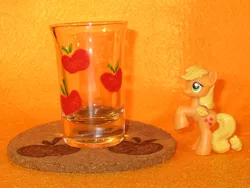 Size: 1861x1396 | Tagged: applejack, artist:malte279, coaster, cork, craft, cutie mark, derpibooru import, glass, glass painting, pyrography, safe, shot glass, traditional art