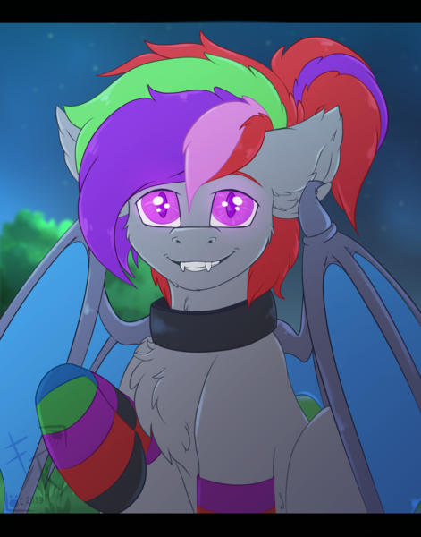 Size: 1728x2200 | Tagged: safe, artist:fkk, derpibooru import, oc, oc:solar soul, unofficial characters only, bat pony, bat pony oc, bat wings, clothes, collar, colored pupils, fangs, glowing eyes, male, smiley face, socks, solo, stallion, striped socks, wings